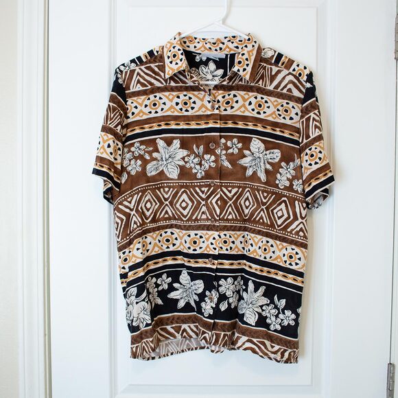 VTG Tribal Floral Shirt Vacation Dadcore Brown Tan Button Up XL | Soft Autumn - Picture 2 of 6